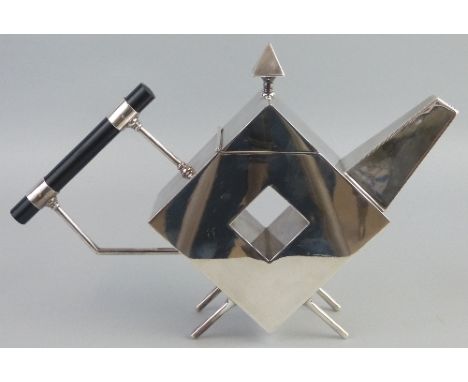 A plated aesthetic  movement teapot, after a design by Christopher Dresser, of angular form with pyramid shaped finial on hin