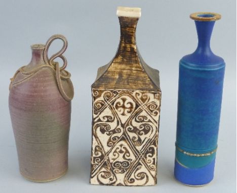 A Studio vase, of cylindrical form with inverted conical neck, mottled blue and green glaze and applied soldered metal band, 