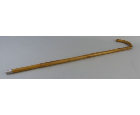 A horse measuring walking cane, the curving handle with retractable white metal scale and folding brass "signpost" spirit lev