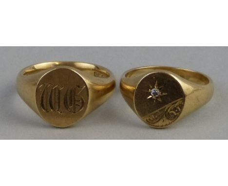 A 9ct gold signet ring, the oval panel chased with scrolls and set with a small diamond, together with a further 9ct gold sig