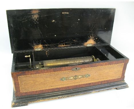 A late 19th Century musical box, of oblong form, the 28cm cylinder playing eight airs but lacking tune sheet in simulated ros