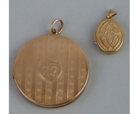 A 9ct gold locket, of circular form, the hinged front section with monogram on engine turned banded ground with suspension lo