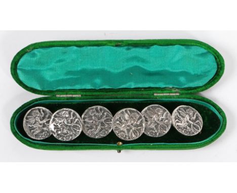 A cased set of six Edwardian silver buttons, Nathan &amp; Hayes, Chester 1899, in the Art Nouveau taste, each circular button