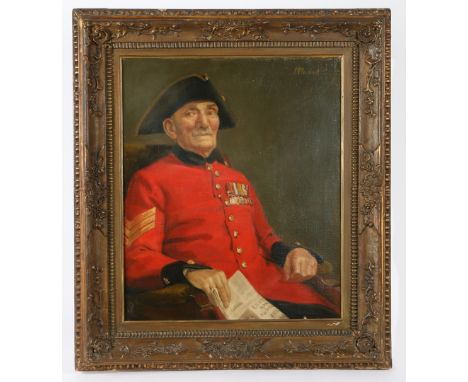 M Russell (British, 20th Century)"Sergeant Cook" (Chelsea Pensioner)signed (upper right), oil on canvas60 x 50cm (23.5in x 20