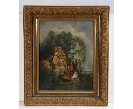 Joseph Stannard (British, 1797-1830) Boat House with Figures signed J.S (lower left), oil on panel 47 x 37cm (18.5in x 14.5in