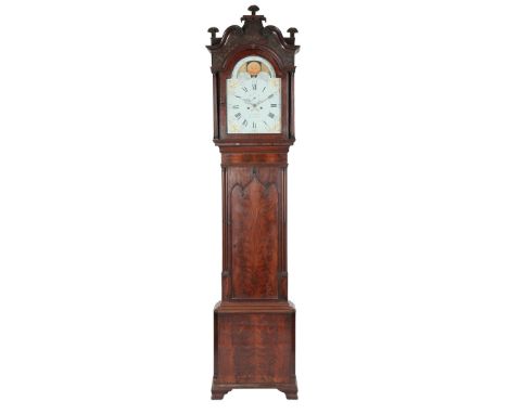 A Mid 19th Century Mahogany 8 Day Longcase Clock with Moon Phases. Rich'd Burn, Manchester. The hood with swan neck pediment 