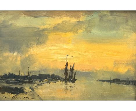 Ian Houston (British, 1934-2021)"Dawn Light on the Blyth at Southwold"signed (lower left), oil on board16 x 23cm (6.25in x 9i