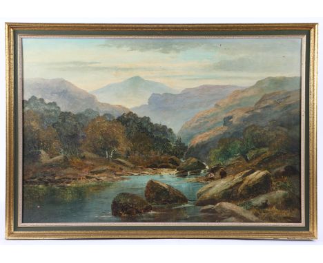 W R Watson (British, 19th Century)Anglers in Mountain Landscapesigned (lower right), oil on canvas59 x 90cm (23.25in x 35.5in