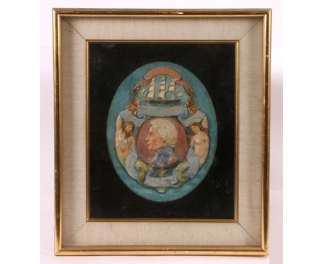 A polychrome portrait 'relief of Admiral The Lord Nelson', the circular medallion underneath a man-o'-war, framed and glazed,