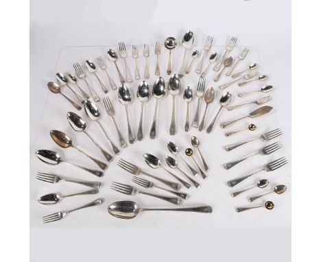 various dates and makers, all with beaded handles engraved with a dragon crest, consisting of twelve table forks, nine table 