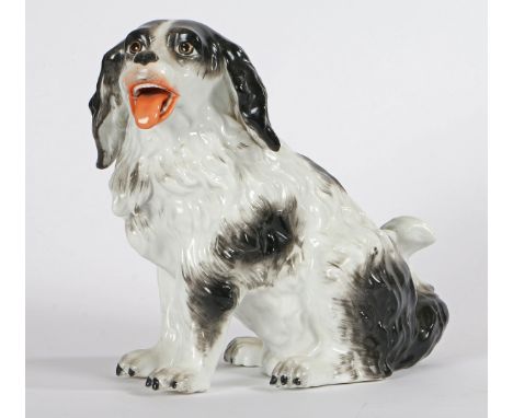 A Meissen style porcelain model of a black and white King Charles Spaniel, seated with his tongue out, unmarked, 19th century