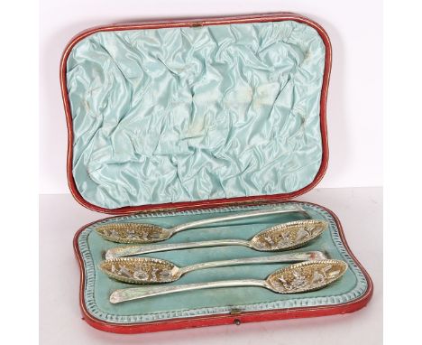 London 1899, maker RS, with gilt foliate embossed bowls, the foliate handles with vacant cartouches, 8.1oz, housed in a turqu