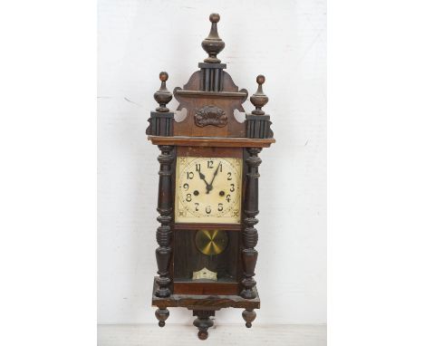 Late 19th / early 20th Century Vienna style chiming wooden wall clock with cream dial, pendulum &amp; key, the case of archit