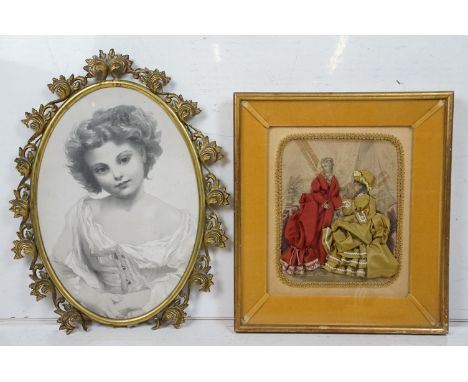 1893 Framed Victorian Ladies Fashion Engraving Collage with applied fabric together with a Gilt Framed Lithograph Portrait of