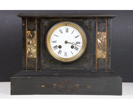 Victorian slate mantel clock with marble panels, the circular white enamel dial with Roman numerals, the case with scrolling 