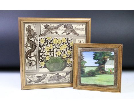 R. W. Floyd (BA) - 'Autumn Approaches' enamel on copper painting (signed &amp; dated 1979); plus a 19th Century ceramic tile 