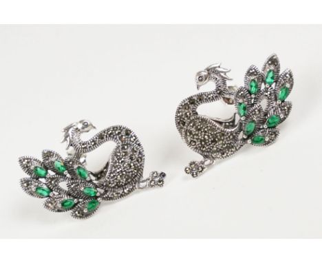 Pair of Silver Marcasite and Emerald set Earrings in the form of Swans 