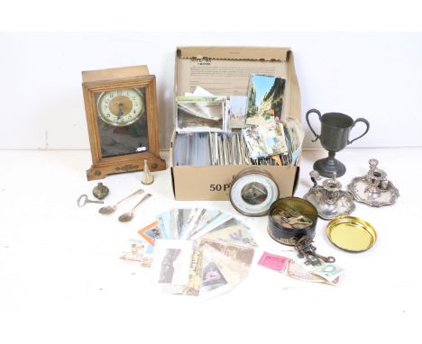 Assortment of collectables to include a box of topographical postcards of mostly UK views (late 20th Century), two silver pla