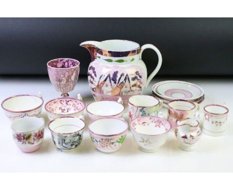 Collection of 19th century pink lustre ware ceramics to include jugs, teacups, mugs, goblets, tea plates / saucers, etc, feat