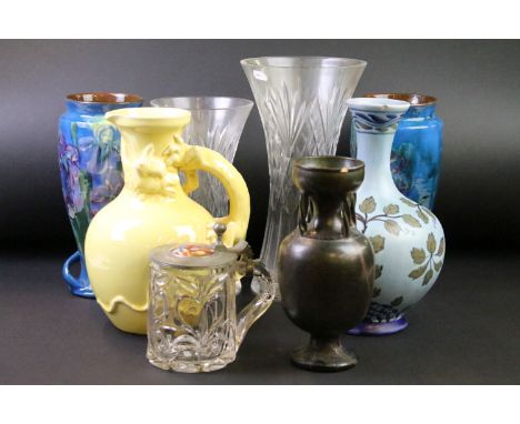 Mixed glass &amp; ceramics, 19th century onwards, to include Royal Brierley cut crystal vases (tallest approx 30cm), Chinese 