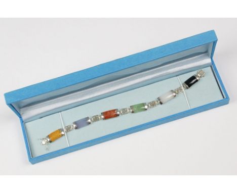 Silver Chinese Multi-coloured Agate Stone Bracelet 