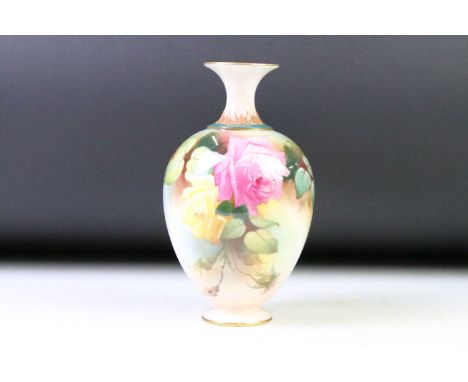 Late Victorian Royal Worcester baluster vase with hand painted rose decoration, signed W. Harbron, gilt rims, date mark for 1