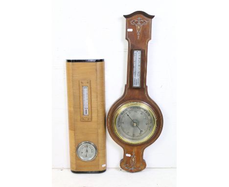 Late 19th / early 20th century mahogany banjo wall barometer with silvered dial &amp; thermometer and brass strung detail; pl