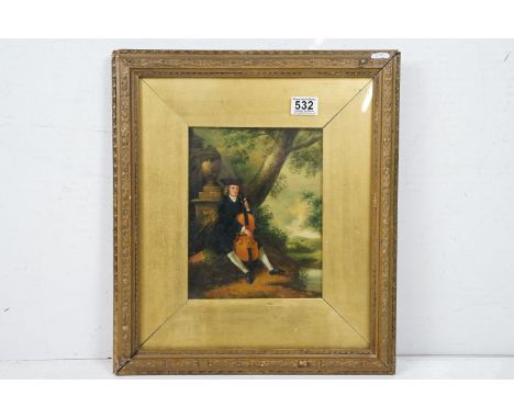 Oil on Panel Portrait of an 18th century Gentleman with cello seated in woodland, gilt framed, 24cm x 19cm 