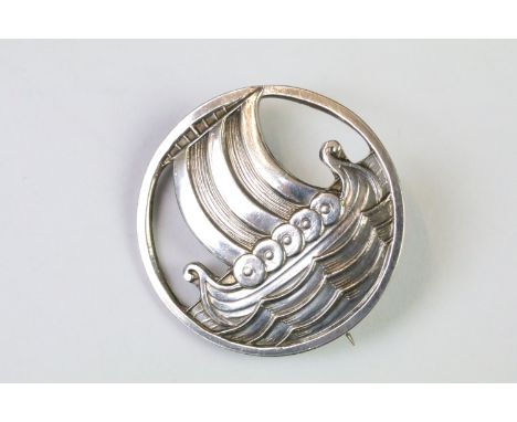 A mid 20th century sterling silver David Andersen Viking longboat brooch, marked David Andersen Norway Sterling to the verso.