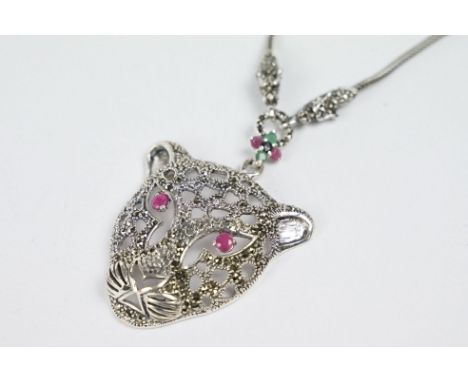 Silver Leopard Headed Necklace with Ruby eyes 