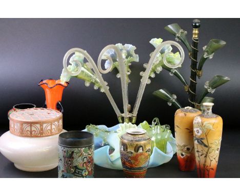 Collection of Victorian ceramics to include a vaseline glass epergne (a/f), green glass epergne, cloisonne jar (no lid), and 