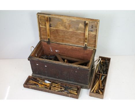 19th century Pine Tool Box with Rope Handles, 47cm high x 90cm wide x 46cm deep containing a large quantity of Tools 