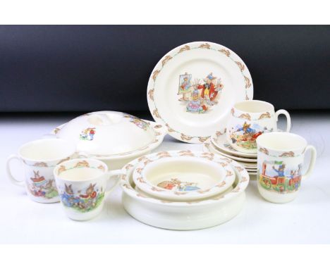 Royal Doulton Bunnykins ceramics to include a lidded dish, two childs bowls, four mugs, four plates and two saucers. 