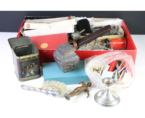 A box of mixed collectables to include cutlery, knife rests, table lighter, compass, hip flasks...etc.. 
