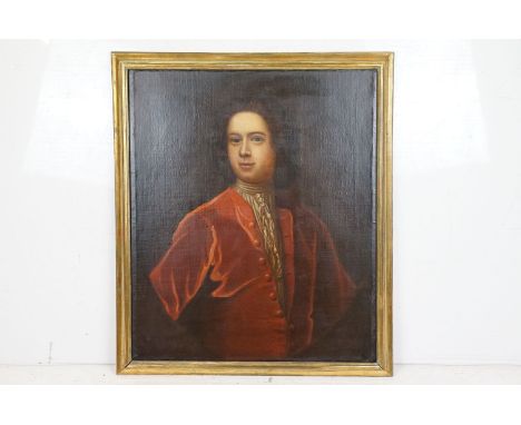 English School, portrait of a gentleman in a red coat, oil on canvas, 74.5 x 62.5cm, gilt framed 