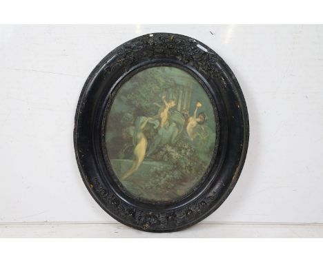 Franz Von Bayros (1866-1924, Austrian) Oval Romantic Lithograph / Print of Nymphs and Putti in a fantasy woodland 