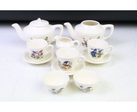 Mid 20th C childs Noddy tea set with transfer printed scenes, to include 2 x teapots (one with cover), 3 x cups &amp; saucers