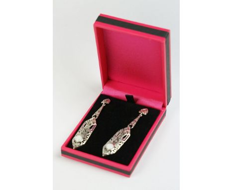 Pair of Silver Marcasite and Ruby Earrings in the Art Deco style 