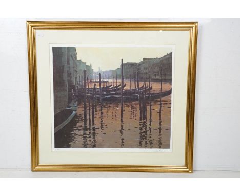 Jeremy Barlow limited edition serigraph print on paper featuring gondolas on the grand canal. Signed and maked 241/425. Frame