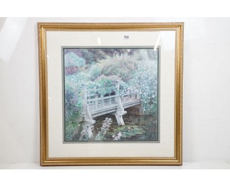 Piet Bekeart (1939 - 2000), De Brug, bridge with flowers, colour print, 58 x 58cm, label verso for Paragon Picture Gallery, g