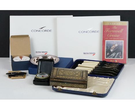A group of Concorde and Canberra collectables together with a cased fish knife and fork set and a Yeoman Warders Club trinket
