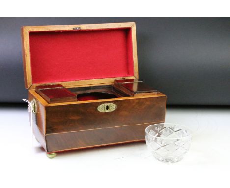 19th Century mahogany sarcophagus tea caddy opening to reveal two lead lined boxes within and cut glass tea bowl to centre. M