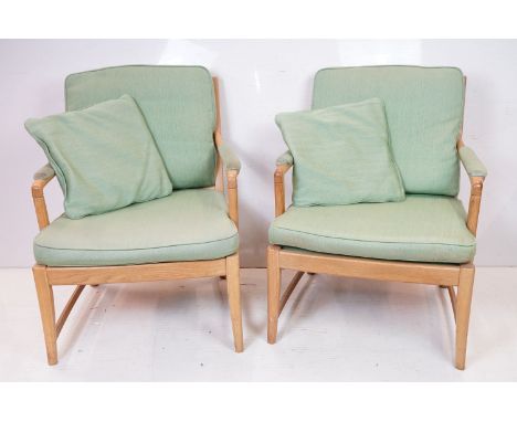 Pair of Mid century Armchairs designed by L. K. Hjelle Mobelfabrikk with ladder back open arm pale wooden frames and green up