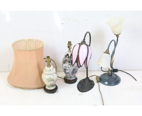 Group of table lamps to include Chinese hexagonal Chinese ceramic peacock lamp base, Chinese floral lamp base, tiffany style 