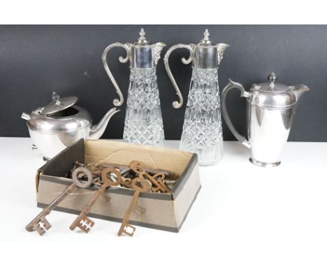 A pair of cut glass and silver plated claret jugs together with a silver plated teapot &amp; water jug and a collection of vi