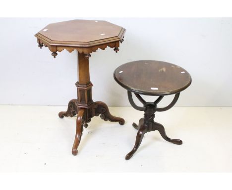 Victorian Mahogany Gothic Revival Octagonal Lamp Table raised on an octagonal column support and three carved splayed legs, 7