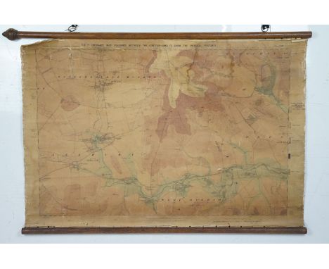 19th Century Ordnance Survey map of Avebury published in 1899, printed on paper and fabric mounted with wooden supports to to