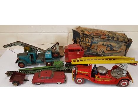 Mettoy Clockwork Fire Engine 3110-3, Schuco Ingenico Car and Trailer, along with 2 Tin Plate Cranes 