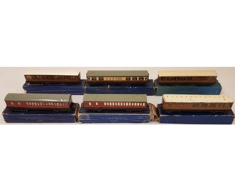 Collection of Six Hornby Dublo OO Gauge Coaches - D11 Passenger Wagon; D12 Corridor Coach B.R. Brake/Third (L.M.R.); Corridor