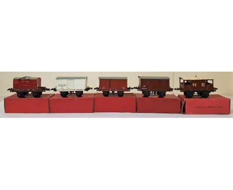 Five Hornby "0" Gauge Models - Flat Truck with Container; No.1 Refrigerator Van; No.1 Goods Van; Brake Van; and No.1 Cattle T